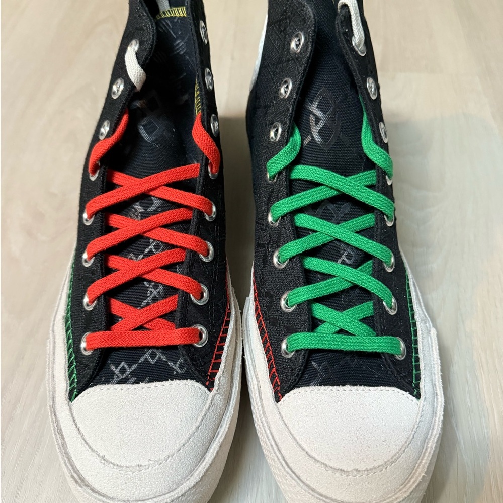 Black High-Top Sneakers with Red and Green Laces